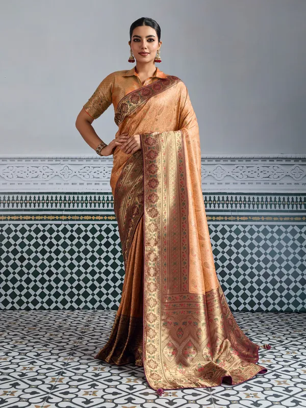 Peach_Gold_Kanjivaram_Silk_Saree_with_Meenakari_Jaal_Weave