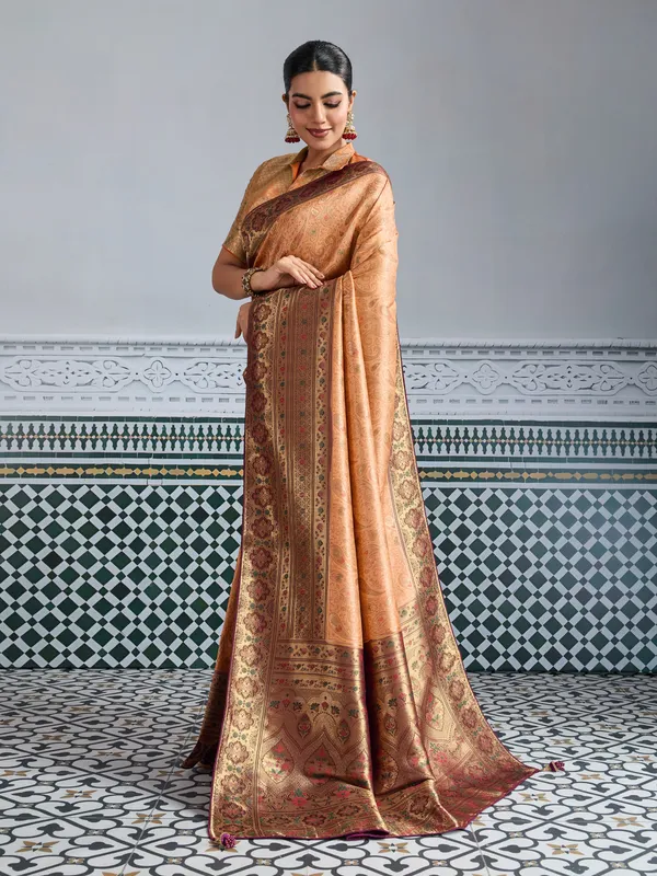 Peach_Gold_Kanjivaram_Silk_Saree_with_Meenakari_Jaal_Weave