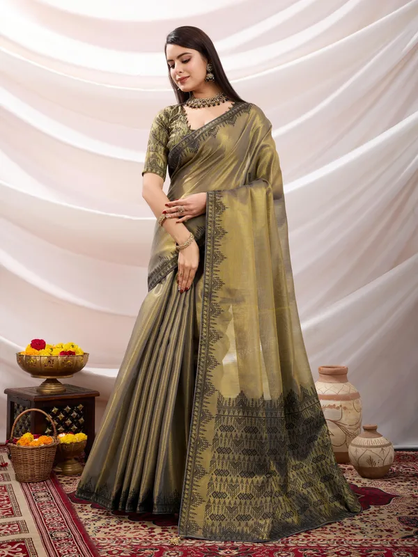 Olive_Green_&_Antique_Gold_Elegant_Linen_Tissue_With_Black_Thread_&_Zari_Weaving_Designer_Blouse_&_Tassels_Saree