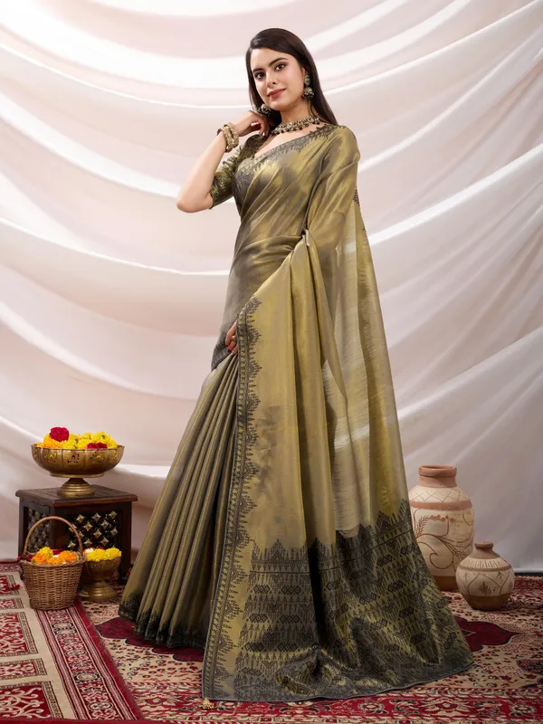 Olive_Green_&_Antique_Gold_Elegant_Linen_Tissue_With_Black_Thread_&_Zari_Weaving_Designer_Blouse_&_Tassels_Saree