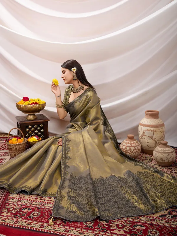 Olive_Green_&_Antique_Gold_Elegant_Linen_Tissue_With_Black_Thread_&_Zari_Weaving_Designer_Blouse_&_Tassels_Saree