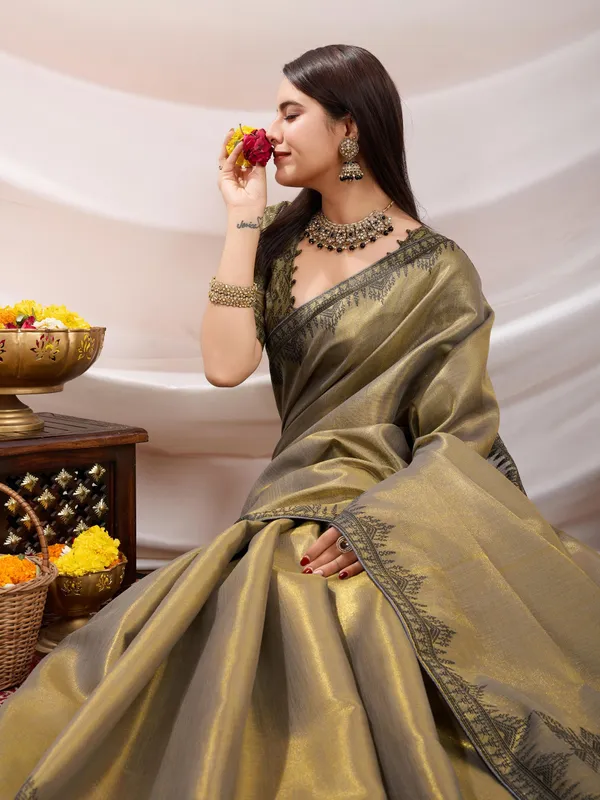 Olive_Green_&_Antique_Gold_Elegant_Linen_Tissue_With_Black_Thread_&_Zari_Weaving_Designer_Blouse_&_Tassels_Saree