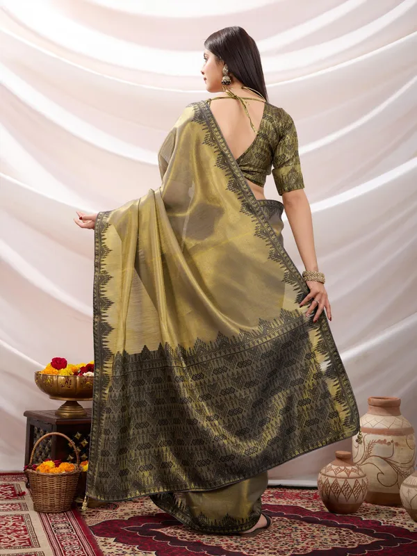 Olive_Green_&_Antique_Gold_Elegant_Linen_Tissue_With_Black_Thread_&_Zari_Weaving_Designer_Blouse_&_Tassels_Saree