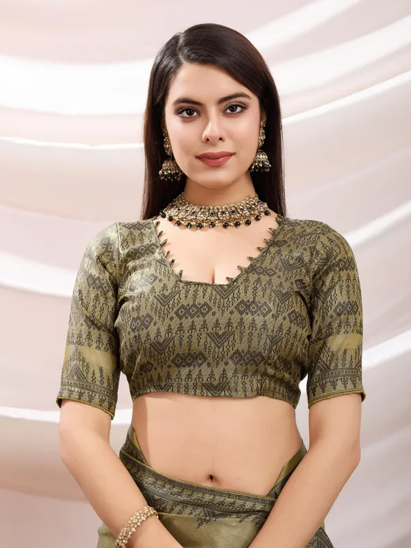 Olive_Green_&_Antique_Gold_Elegant_Linen_Tissue_With_Black_Thread_&_Zari_Weaving_Designer_Blouse_&_Tassels_Saree