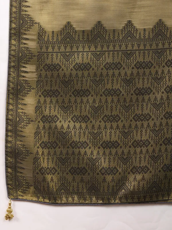 Olive_Green_&_Antique_Gold_Elegant_Linen_Tissue_With_Black_Thread_&_Zari_Weaving_Designer_Blouse_&_Tassels_Saree