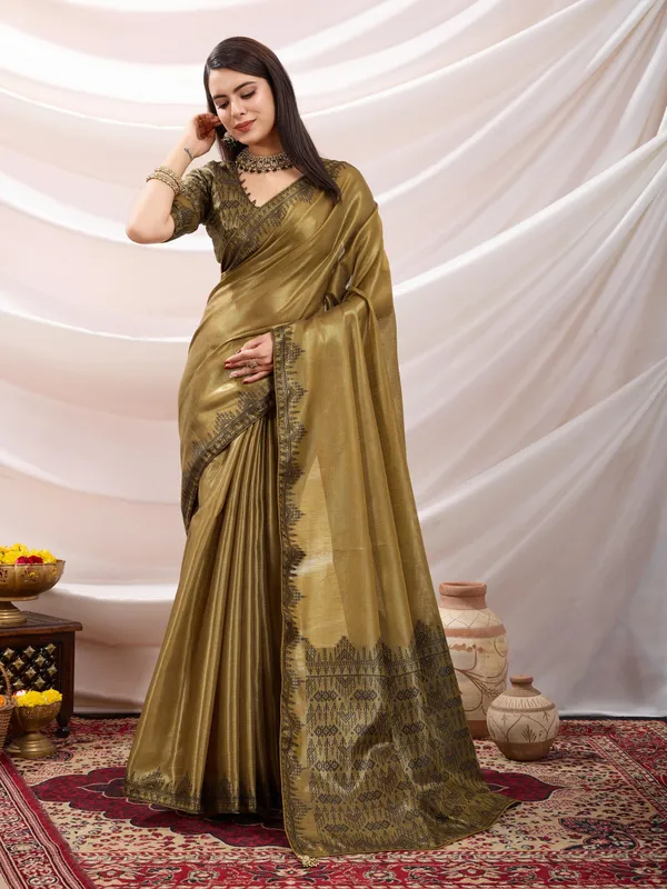Olive_Brown_Linen_Tissue_With_Black_Zari_Weaving,_Designer_Pallu_&_Tassels_Saree