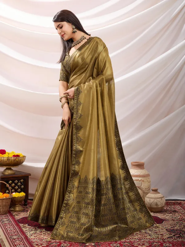 Olive_Brown_Linen_Tissue_With_Black_Zari_Weaving,_Designer_Pallu_&_Tassels_Saree