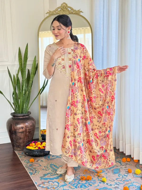 Beige_Women_Kurti_With_Pant_&_Dupatta_For_Women