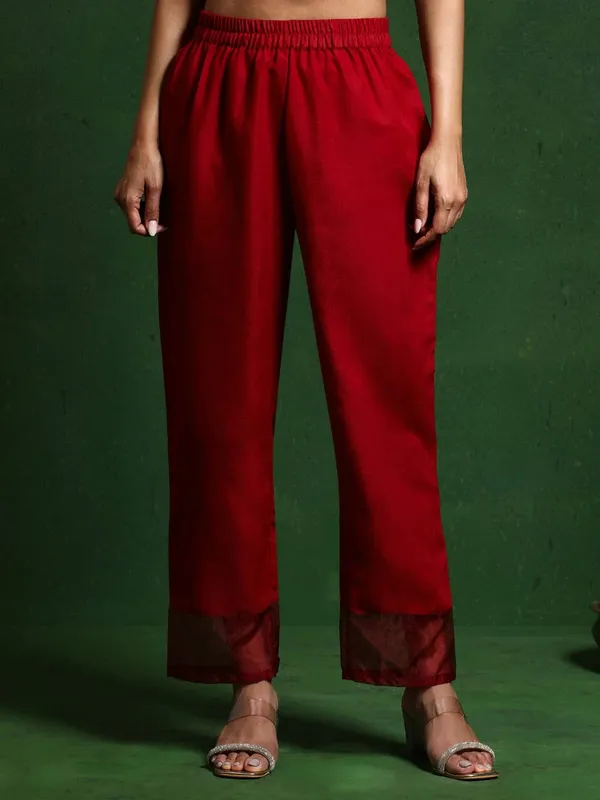 Crimson_Red_Chanderi_Silk_Kurti_with_Chanderi_Silk_Pant_with_Organza_Contrast_Striped_Dupatta"