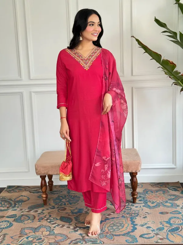Red_Rayon_Embroidered_Straight_Kurta_With_Rayon_Pant_And_Printed_Dupatta_Sets_For_Women