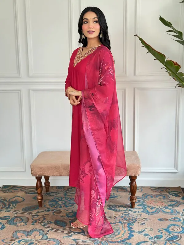 Red_Rayon_Embroidered_Straight_Kurta_With_Rayon_Pant_And_Printed_Dupatta_Sets_For_Women