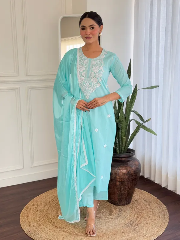 Aqua_Blue_Cotton_Embroidery_Work_Kurta_With_Pant_And_Dupatta_Sets_For_Women
