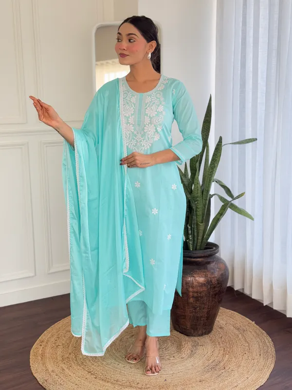 Aqua_Blue_Cotton_Embroidery_Work_Kurta_With_Pant_And_Dupatta_Sets_For_Women