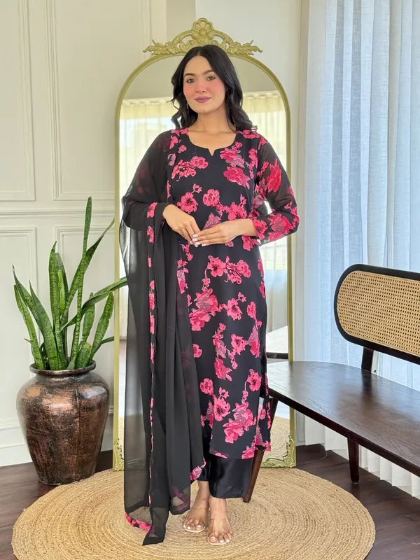 Black_Georgette_Printed_Kurta_With_Pant_And_Dupatta_Sets_For_Women