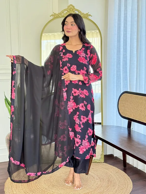 Black_Georgette_Printed_Kurta_With_Pant_And_Dupatta_Sets_For_Women