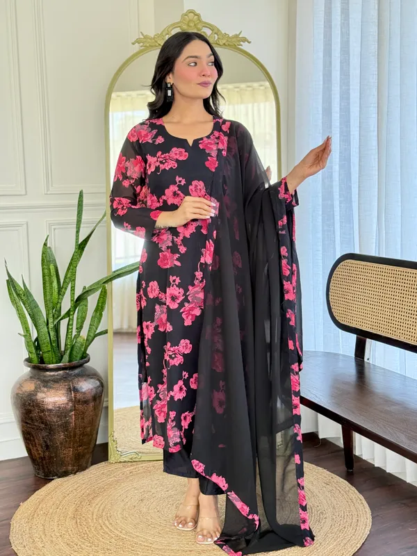 Black_Georgette_Printed_Kurta_With_Pant_And_Dupatta_Sets_For_Women