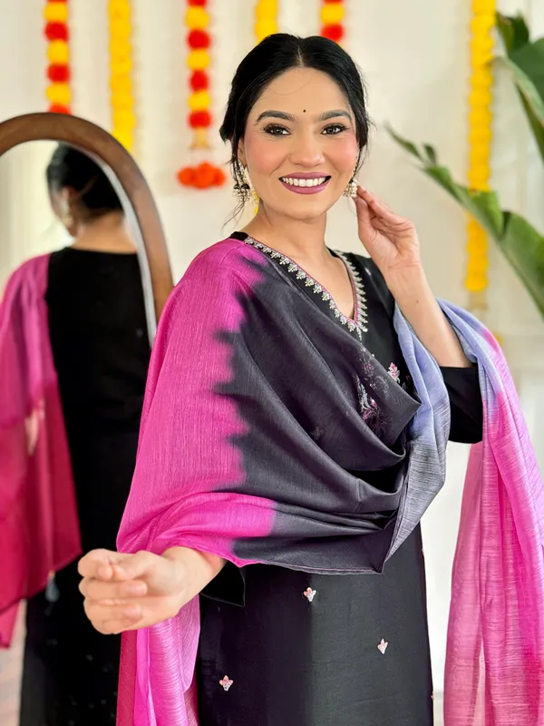 Black_Viscose_Chanderi_Embroidered_Straight_Kurta_With_Viscose_Pant_And_Chanderi_Dupatta_Sets_For_Women