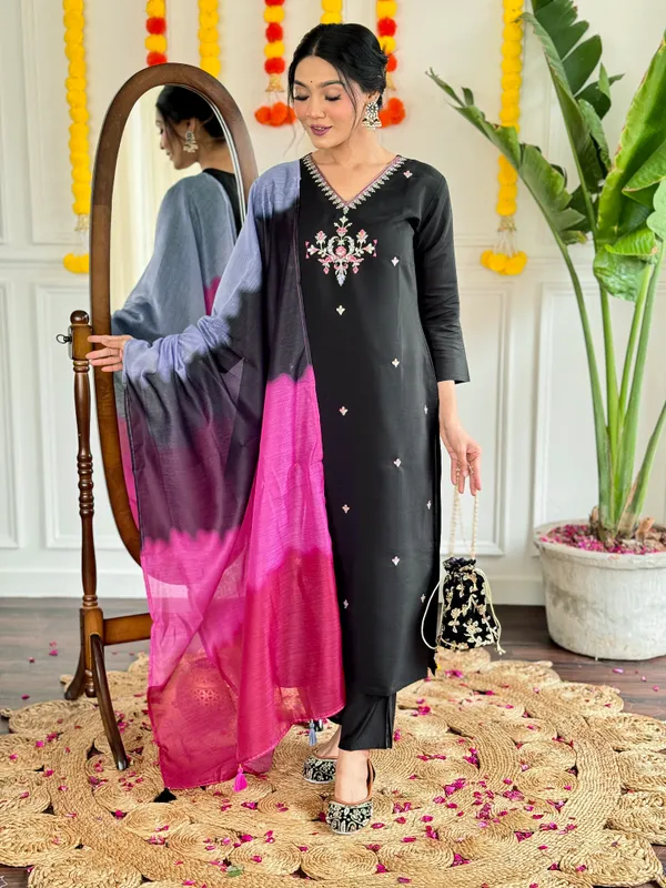 Black_Viscose_Chanderi_Embroidered_Straight_Kurta_With_Viscose_Pant_And_Chanderi_Dupatta_Sets_For_Women