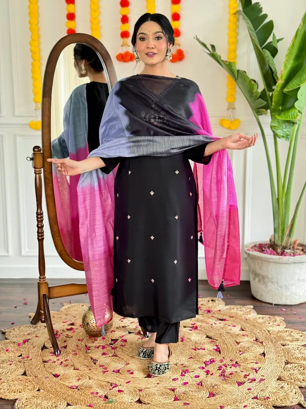 Black_Viscose_Chanderi_Embroidered_Straight_Kurta_With_Viscose_Pant_And_Chanderi_Dupatta_Sets_For_Women