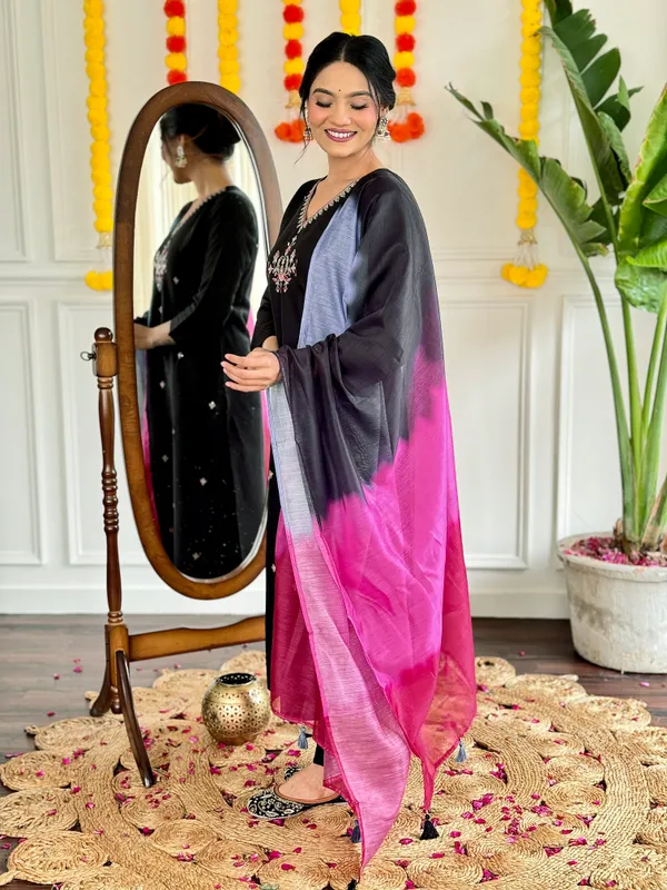 Black_Viscose_Chanderi_Embroidered_Straight_Kurta_With_Viscose_Pant_And_Chanderi_Dupatta_Sets_For_Women