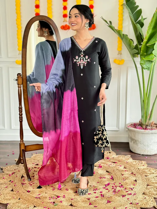 Black_Viscose_Chanderi_Embroidered_Straight_Kurta_With_Viscose_Pant_And_Chanderi_Dupatta_Sets_For_Women