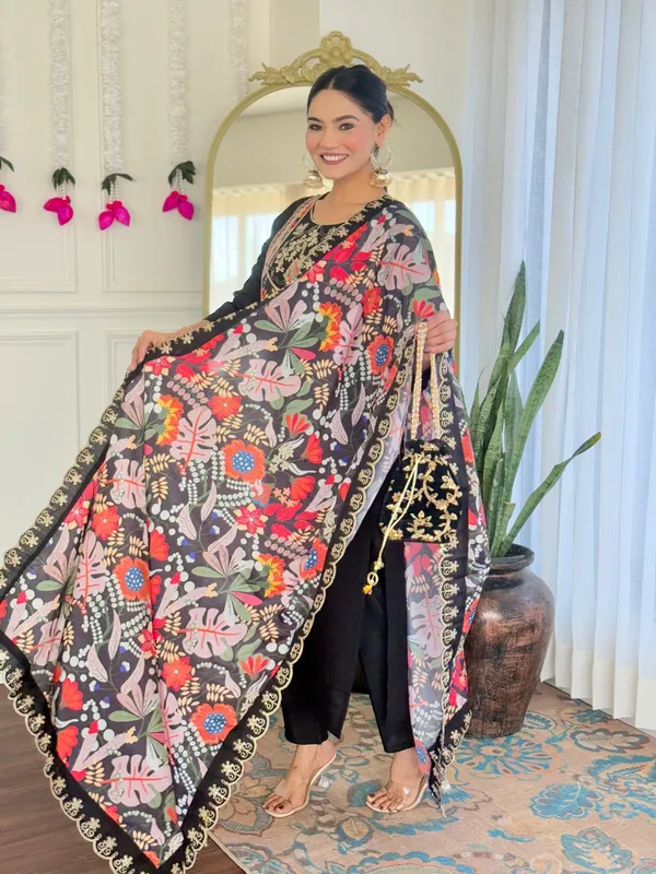 Black_Viscose_Chanderi_Embroidered_Straight_Kurta_With_Viscose_Pant_And_Jacquard_Printed_Dupatta_Sets_For_Women