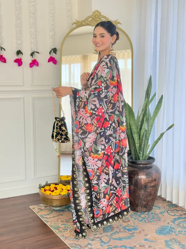 Black_Viscose_Chanderi_Embroidered_Straight_Kurta_With_Viscose_Pant_And_Jacquard_Printed_Dupatta_Sets_For_Women