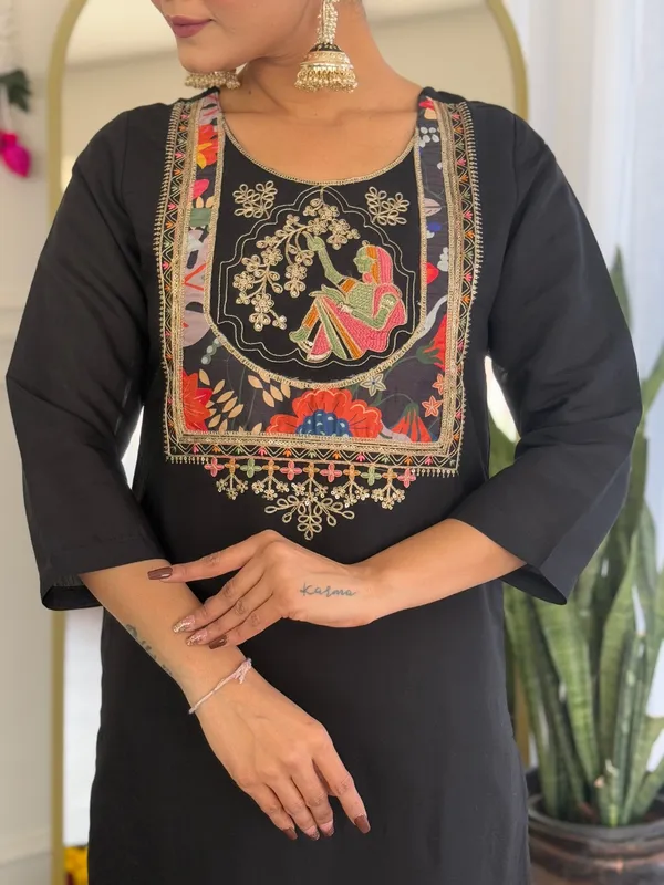 Black_Viscose_Chanderi_Embroidered_Straight_Kurta_With_Viscose_Pant_And_Jacquard_Printed_Dupatta_Sets_For_Women