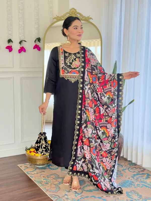 Black_Viscose_Chanderi_Embroidered_Straight_Kurta_With_Viscose_Pant_And_Jacquard_Printed_Dupatta_Sets_For_Women