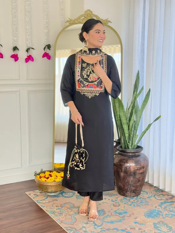 Black_Viscose_Chanderi_Embroidered_Straight_Kurta_With_Viscose_Pant_And_Jacquard_Printed_Dupatta_Sets_For_Women