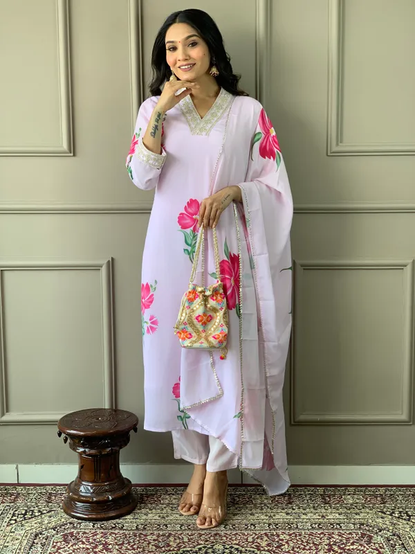 Lavendar_French_Crepe_With_Cotton_Lining_Embroidered_And_Printed_Straight_Kurta_With_Rayon_Pant_And_Dupatta_Sets_For_Women