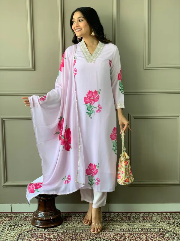 Lavendar_French_Crepe_With_Cotton_Lining_Embroidered_And_Printed_Straight_Kurta_With_Rayon_Pant_And_Dupatta_Sets_For_Women