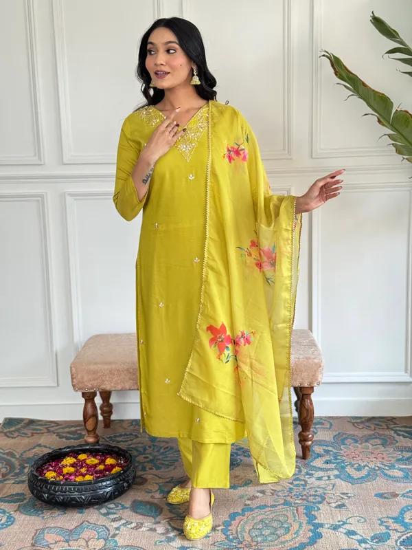 Lemon_Yellow_Rayon_Slub_Embroidered_Straight_Kurta_With_Rayon_Slub_Pant_And_Pure_Organza_Printed_Dupatta_Sets_For_Women