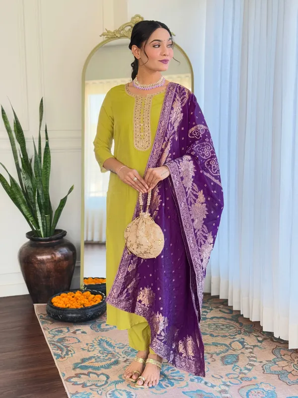 Lime_Bsy_Viscose_Embroidered_Straight_Kurta_With_Bsy_Viscose_Pant_And_Viscose_Jacquard_Printed_Dupatta_Sets_For_Women