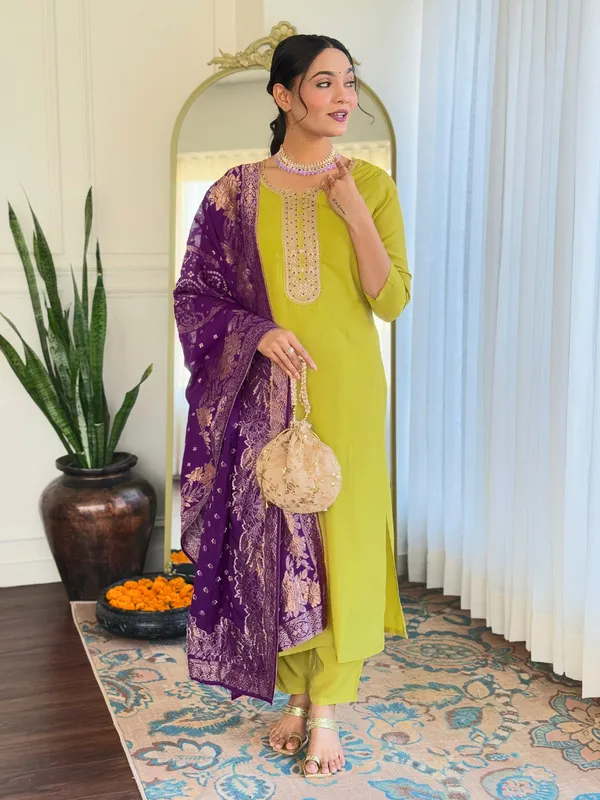Lime_Bsy_Viscose_Embroidered_Straight_Kurta_With_Bsy_Viscose_Pant_And_Viscose_Jacquard_Printed_Dupatta_Sets_For_Women