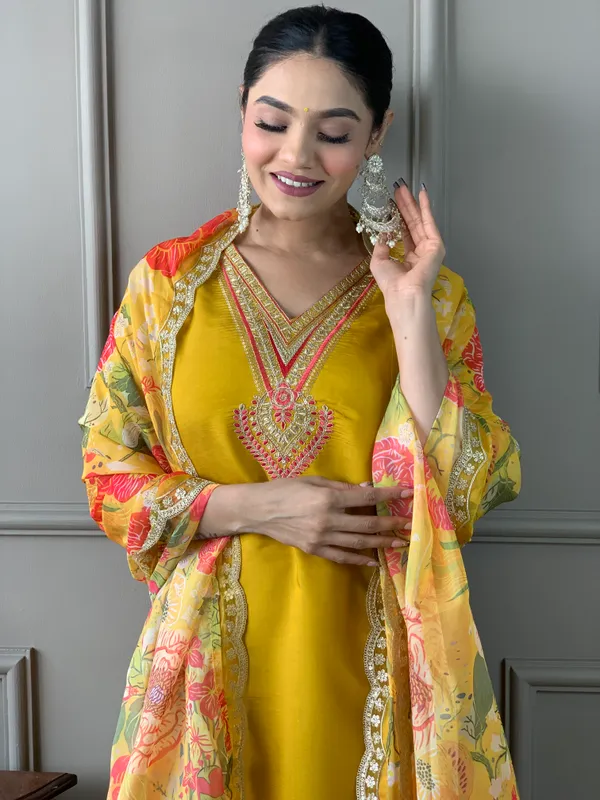 Mustard_Chanderi_Embroidered_Straight_Kurta_With_Pant_And_Dupatta_Sets_For_Women