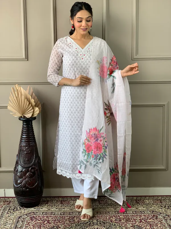 Off_White_Linen_Cotton_Embroidered_Straight_Kurta_With_Pant_And_Printed_Dupatta_Sets_For_Women