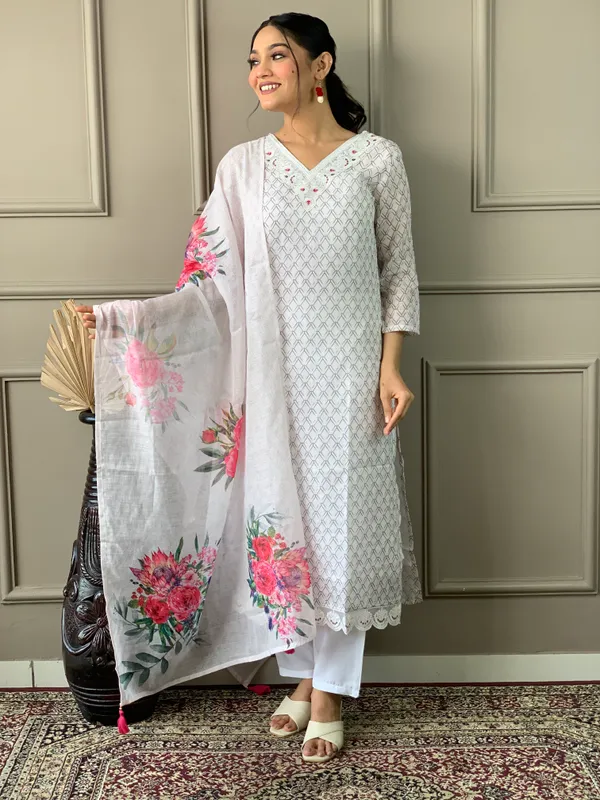Off_White_Linen_Cotton_Embroidered_Straight_Kurta_With_Pant_And_Printed_Dupatta_Sets_For_Women