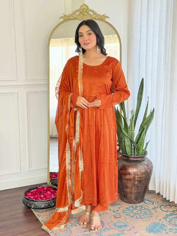 Orange_Muslin_Kurta_With_Muslin_Pant_And_Chinnon_Dupatta_Sets_For_Women