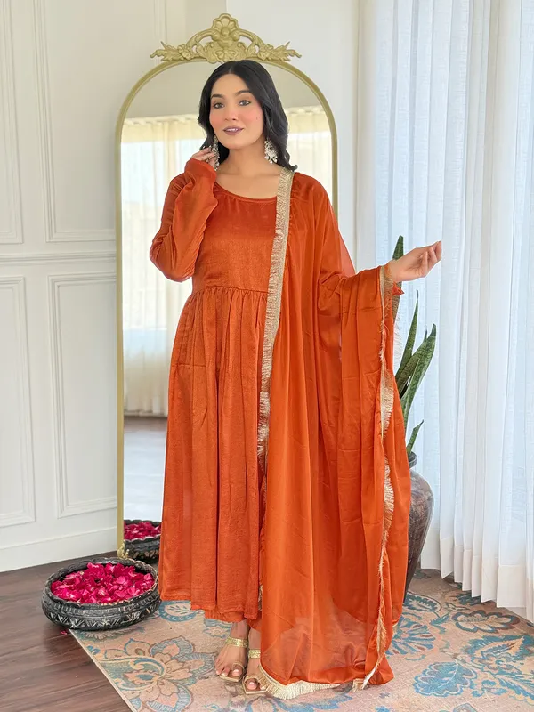 Orange_Muslin_Kurta_With_Muslin_Pant_And_Chinnon_Dupatta_Sets_For_Women