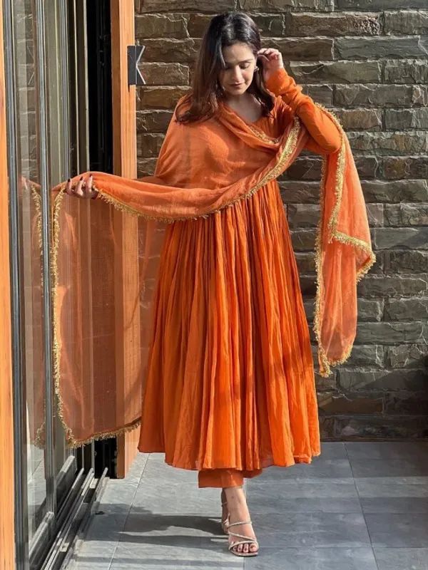Orange_Muslin_Kurta_With_Muslin_Pant_And_Chinnon_Dupatta_Sets_For_Women
