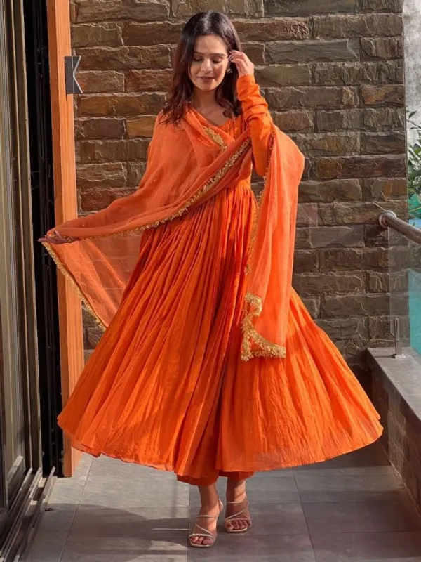 Orange_Muslin_Kurta_With_Muslin_Pant_And_Chinnon_Dupatta_Sets_For_Women