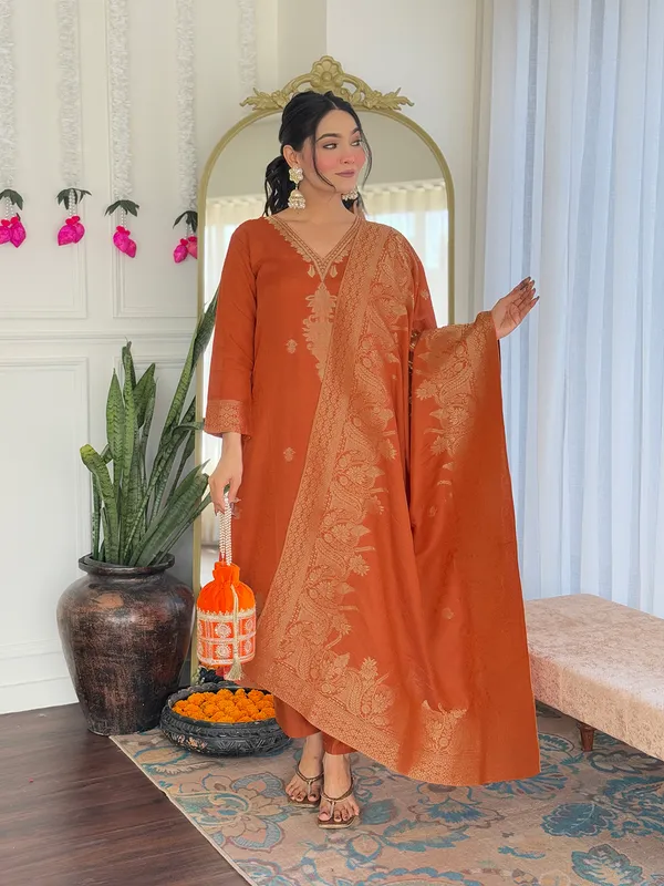 Orange_Viscose_Jacquard_Embroidered_Straight_Kurta_With_Chanderi_Silk_Pant_And_Jacquard_Dupatta_Sets_For_Women