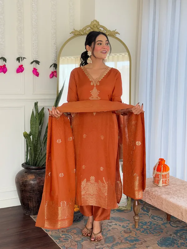 Orange_Viscose_Jacquard_Embroidered_Straight_Kurta_With_Chanderi_Silk_Pant_And_Jacquard_Dupatta_Sets_For_Women
