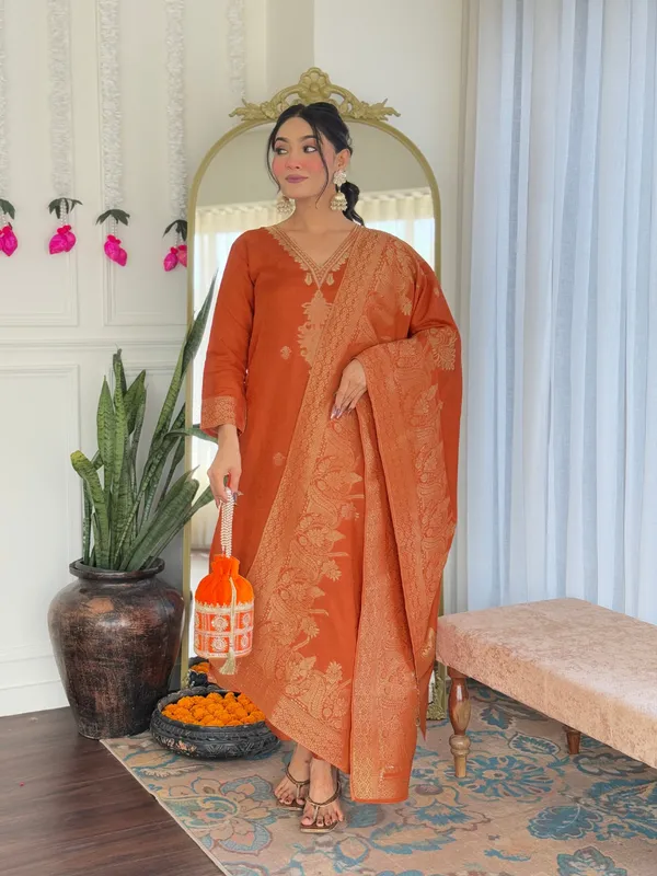 Orange_Viscose_Jacquard_Embroidered_Straight_Kurta_With_Chanderi_Silk_Pant_And_Jacquard_Dupatta_Sets_For_Women