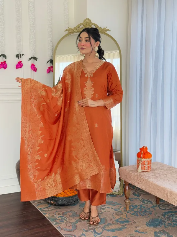 Orange_Viscose_Jacquard_Embroidered_Straight_Kurta_With_Chanderi_Silk_Pant_And_Jacquard_Dupatta_Sets_For_Women