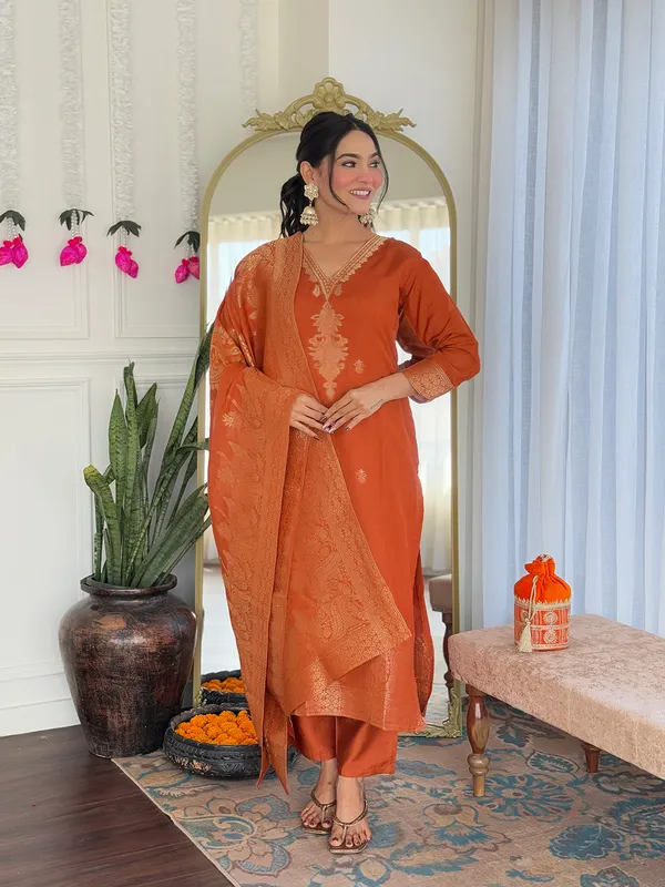 Orange_Viscose_Jacquard_Embroidered_Straight_Kurta_With_Chanderi_Silk_Pant_And_Jacquard_Dupatta_Sets_For_Women