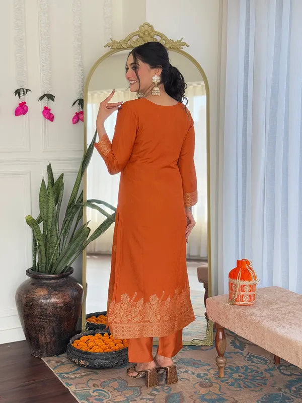Orange_Viscose_Jacquard_Embroidered_Straight_Kurta_With_Chanderi_Silk_Pant_And_Jacquard_Dupatta_Sets_For_Women