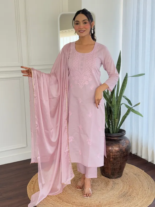 Peach_Cotton_Embroidery_Work_Kurta_With_Pant_And_Dupatta_Sets_For_Women