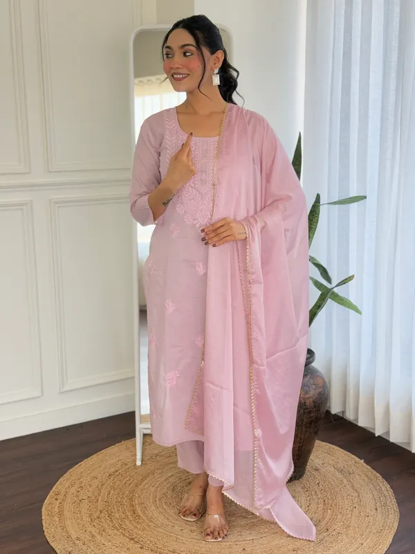 Peach_Cotton_Embroidery_Work_Kurta_With_Pant_And_Dupatta_Sets_For_Women